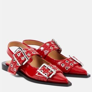 GANNI Feminine Buckle Slingback Ballerinas in Red